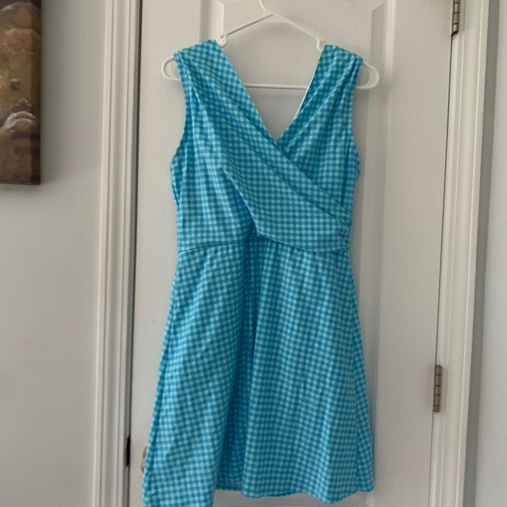Lands End Blue Gingham Swim Dress Sleeveless V-Neck Surplice 12L